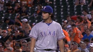 TEX@BAL: Darvish strikes out nine over 6 1/3 innings