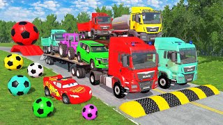 Triple Flatbed Trailer Cars Transportation with Truck - Speedbumps vs Cars vs Train - BeamNG #29