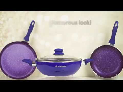 Blueberry Aluminium Non-stick Cookware Set, 4Pc (Wok with Lid, Fry Pan, Dosa Tawa), Induction Bottom, Soft Touch Handle, Pure Grade Aluminium, PFOA Free, 2 Years Warranty, Blue