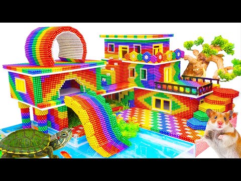Build Realistic Mansion Have Colorful Rainbow Fish Tank On Rooftop And Wavy Slide From Magnet Balls