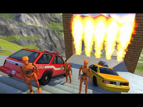 Crazy Vehicle Stairs Jumps Down Through Fire Wall With Crash Test Dummy - BeamNG drive Stairs Jumps