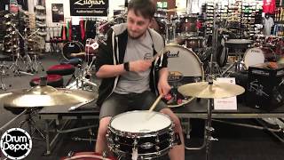 Video thumbnail for Pearl Hybrid Exotic 14″ x 5″ Kapur Fiberglass Snare Drum in Glimmering Ebony with Pearl Inlay by Drum Depot