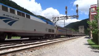 preview picture of video 'AMTK 50 arriving by the now defunct C&O signals at Thurmond, West Virginia - 07/04/14'