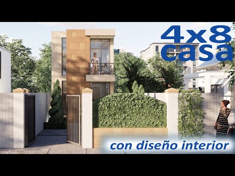 Casa 4 x 8 Dos Plantas Pequeñas. Planos de Mini Casas Economicas Modernas con Balcón - Geminada