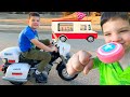 POLICE MOTORCYCLE Ride On Power Wheels FOR KIDS CALEB Pretend Play With MOM Chasing ICE CREAM MAN