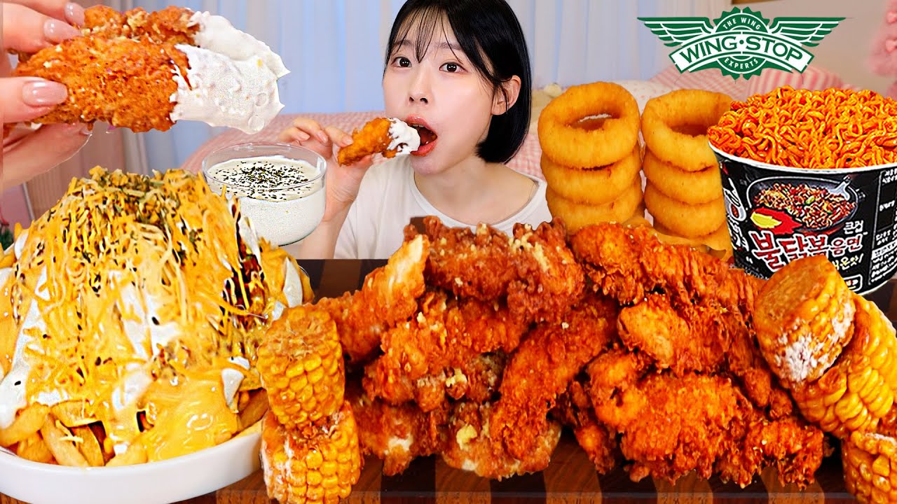 ASMR MUKBANG| 직접 만든 불닭볶음면 윙스탑 치킨 어니언링 감자튀김 먹방 & 레시피 FRIED CHICKEN AND FIRE NOODLES EAT