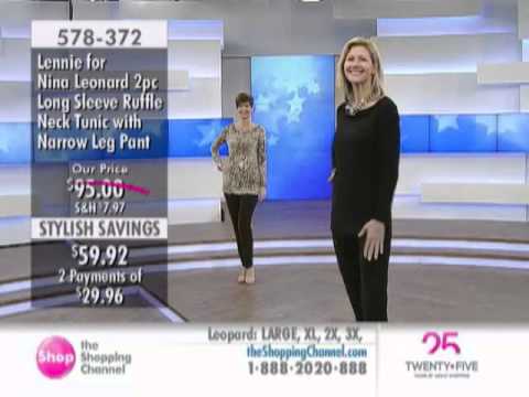 Lennie for Nina Leonard 2 Piece Long Sleeve Ruffle Neck Tunic with Narrow Leg Pant at The Shoppin...