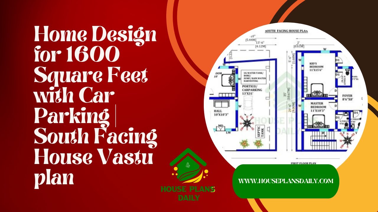 Home Design for 1600 Square Feet with Car Parking | South Facing House Vastu Plan