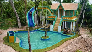 Build The Most Pretty Mud 2-Story House And Waterpark Slide into Underground Swimming Pool Design