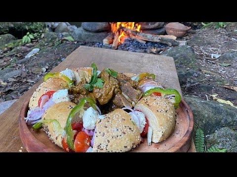 Lamb curry with donat bread n greek salad 🥩🇮🇩🪵💦🔥🏕️ #indonesia #cooking #asmr #outdoorcooking #curry