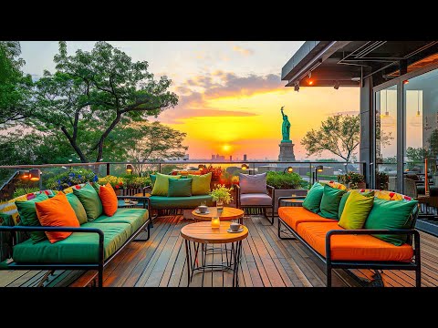 Relaxing Jazz Music for Stress Relief ☕ Positive Spring Sunset Jazz in Outdoor Coffee Shop Ambience