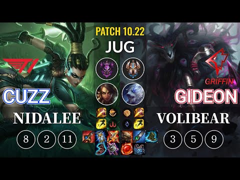 T1 Cuzz Nidalee vs GRF GIDEON Volibear Jungle - KR Patch 10.22
