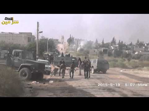 احتراق دبابة لقوات النظام بعد استهدافها من قبل جيش الفتح في معسكر المسطومة في محافظة إدلب