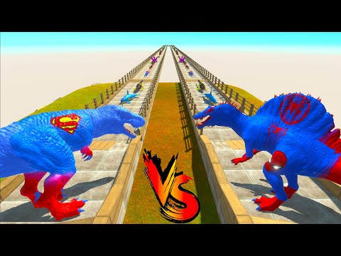 SPIDERMAN T-REX vs SPIDERMAN SPINOSAURUS RACE BATTLE COMPETITION - ARBS