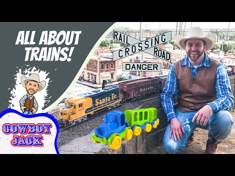 Thumbnail showing a smiling man in a cowboy hat beside a model train layout with bold 'All About Trains!' text and a 'Cowboy Jack' logo cartoon on the left.
