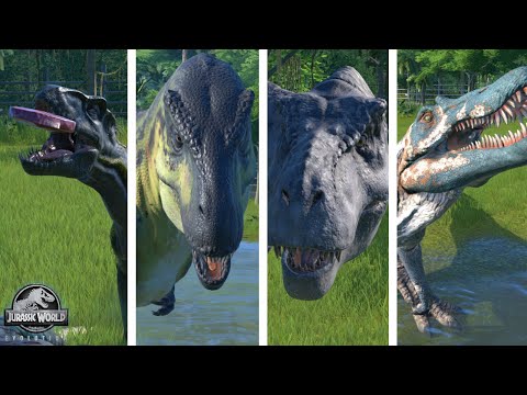 Spino vs Indoraptor vs TRex vs IRex  - Dinosaurs Fighting Jurassic World Evolution (1080p)