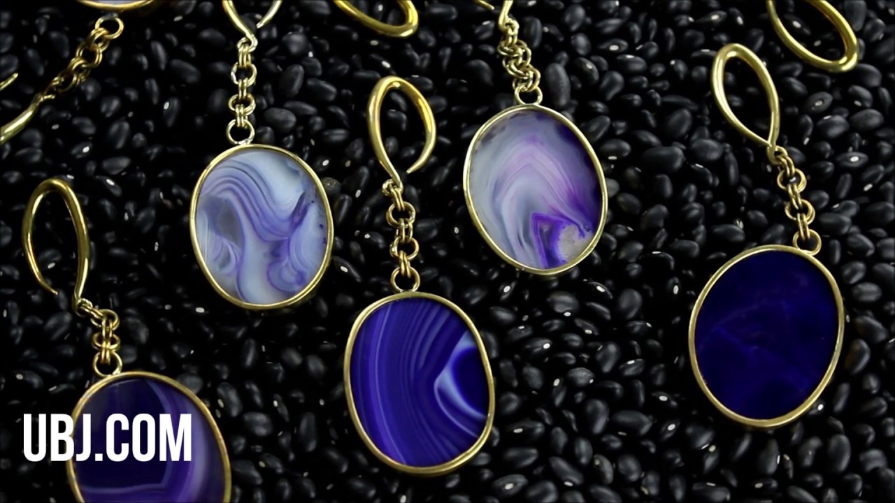 Oval Purple Line Agate Stone Brass Hangers | UrbanBodyJewelry.com