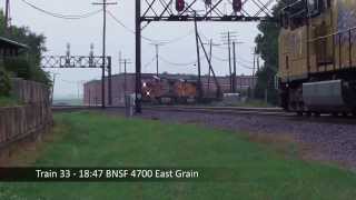 preview picture of video 'Rochelle - UP 7695 Stops Parkside for BN Grain Then Meets UP Eastbound'
