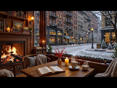 Beautiful Winter Coffee Shop ❄️ Relaxing Jazz Piano & Fireplace Ambience for Study, Work & Focus