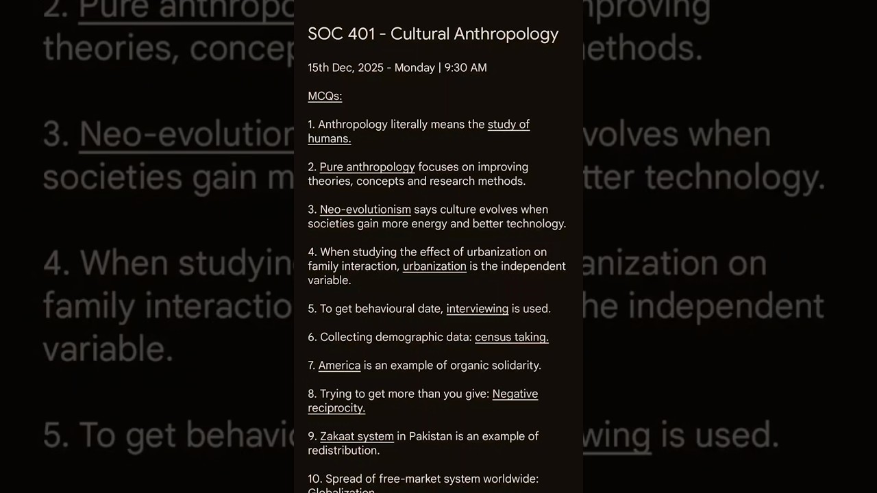 SOC 401 - Cultural Anthropology Mid Exam Review | Fall 2025 #vuexams #culturalanthropology #midexam