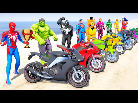 Motorcycles Challenge RACE on Cliff Roads with Superheroes/Spider-Man Goku Hulk Iron Man - GTA 5