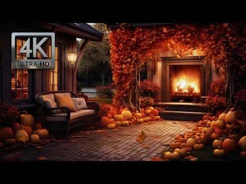 Cozy Autumn Porch Ambience, Wind Chimes, Falling Leaves and Crackling Fire