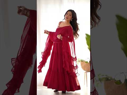 Maroon Heavy Soft Fox Georgette Embroidered Anarkali Gown Set with 8+ Meter Flair, Ruffle Dupatta & Matching Pant – Fully Stitched Designer Wear