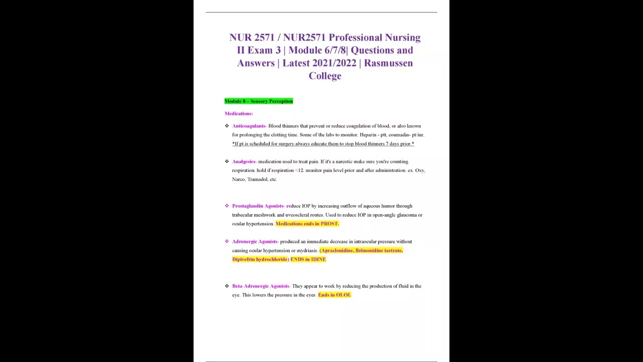 NUR 2571  NUR2571 Professional Nursing II Exam 3   Module 6 7 8 Questions and Answers  Latest 2021 2