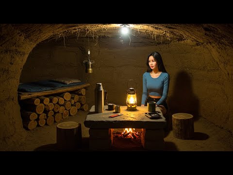 Building Underground Bushcraft Shelter With Fireplace For Survival - Solo Bushcraft Camping
