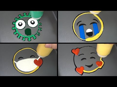 Emoji Pancake art   Virus, Crying face, Face with a mask on, Happy face