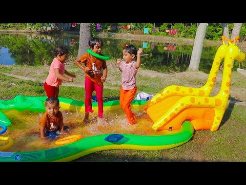 New Inflatable Giraffe & Water Slide With Magic Ball - Cute Sneyha, Arbin, Javan & Alisha Playing