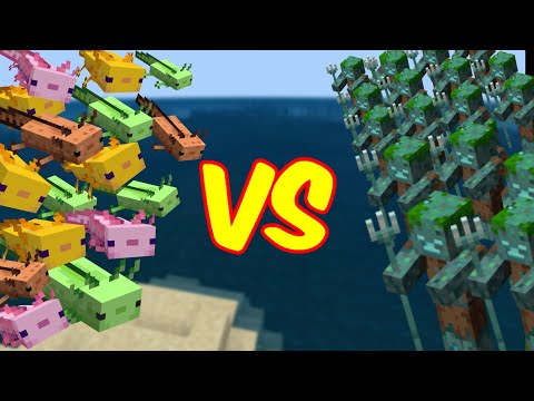 100 Axolotls VS 100 Drowned - Minecraft Mob War