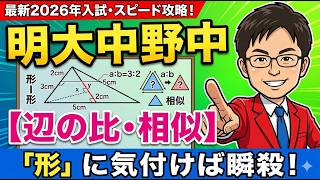 【2026年 中学受験】明大中野中 算数解説！「辺の比・相似」に隠された直角二等辺三角形の性質を見抜いて瞬殺するプロの図形テクニック