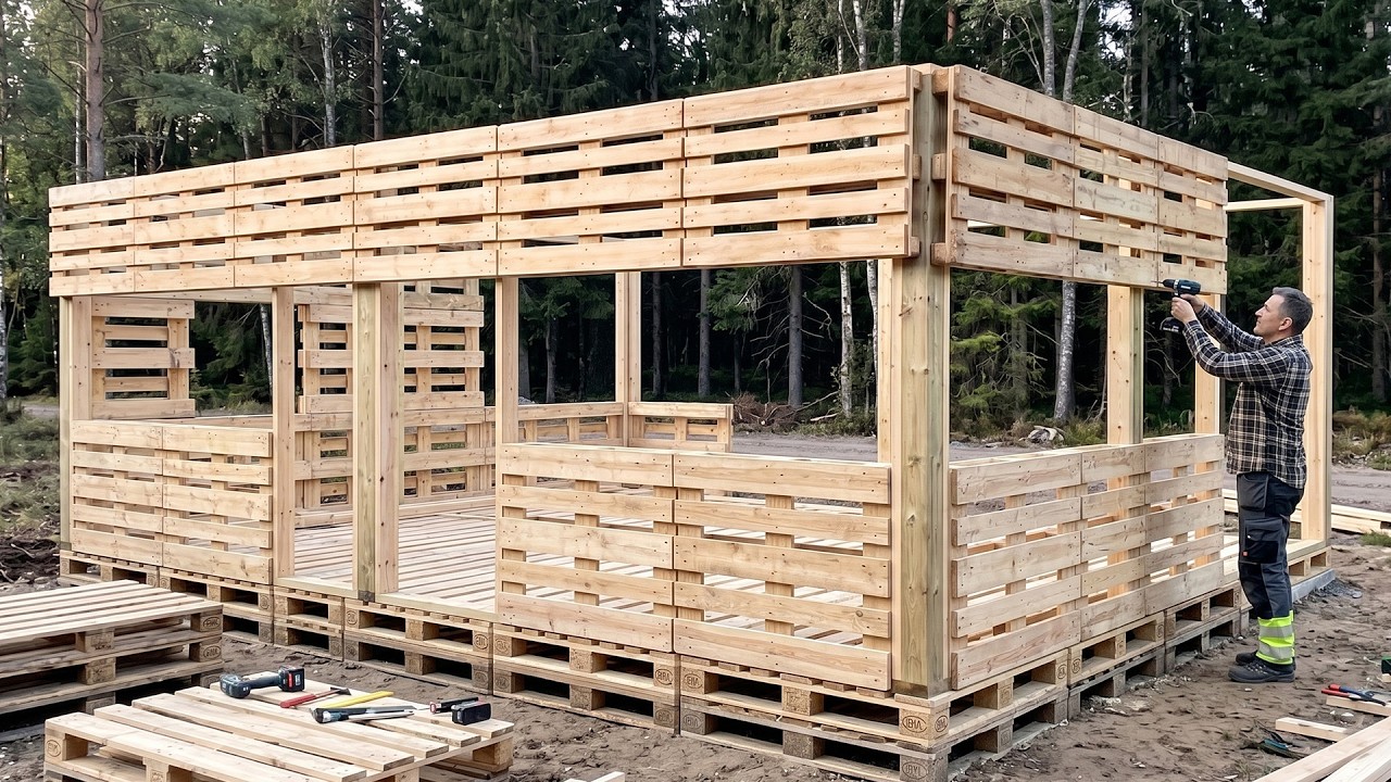 Man Uses FREE ABANDONED PALLETS to Build a House in the Forest | Full Build by @lesnoy