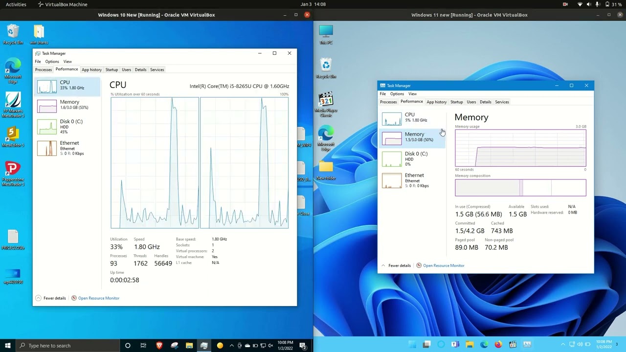 Windows 11 vs Windows 10 RAM + CPU Usage