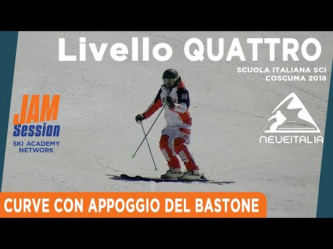 Curvare con l'appoggio del bastone - Livello 4 della Scuola Sci Italiana illustrato da Jam Session