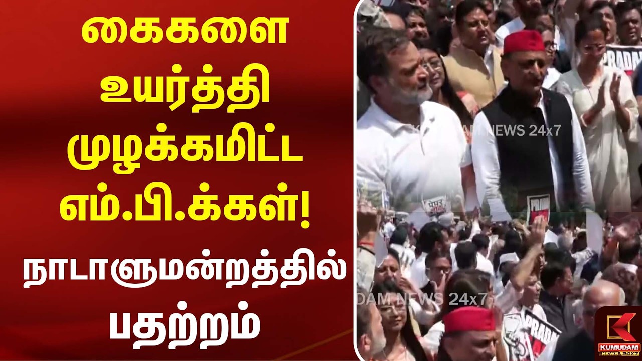 கைகளை உயர்த்தி முழக்கமிட்ட MP.க்கள்! நாடாளுமன்றத்தில் பதற்றம் |Raghul| BJP | Congress| Kumudam News கைகளை உயர்த்தி முழக்கமிட்ட MP.க்கள்! நாடாளுமன்றத்தில் பதற்றம் |Raghul| BJP | Congress| Kumudam News