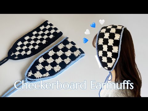 둥둥 체커보드 귀도리 뜨기🖤🤍코바늘로 만드는 귀여운 겨울 보넷st 귀도리｜How to knit&Crochet checkerboard earmuffs