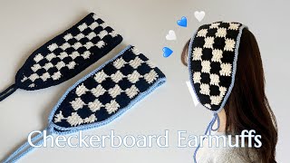 둥둥 체커보드 귀도리 뜨기🖤🤍코바늘로 만드는 귀여운 겨울 보넷st 귀도리｜How to knit&Crochet checkerboard earmuffs
