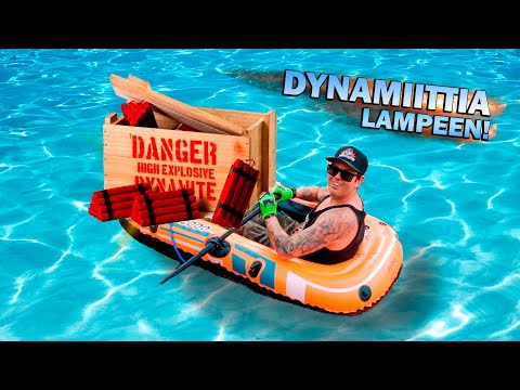 Explosives in the pond with the children's rubber boat!