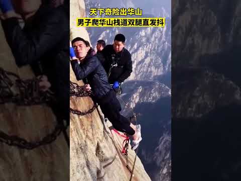 没点胆量真的不敢尝试！男子爬华山栈道双腿直抖 #shorts
