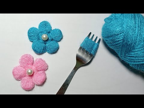 Amazing Woolen Flower Making Ideas With Fork -Hand Embroidery Easy Trick-DIY Woolen Flower