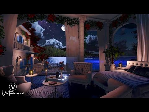 Greek Villa Bedroom | Night Ambience | Ocean Waves & Nature Sounds