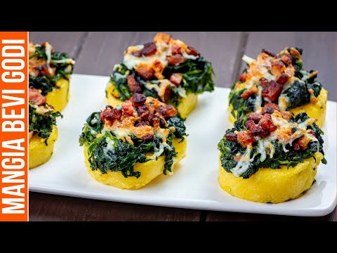 CROSTINI DI POLENTA CON SPINACI E PANCETTA
