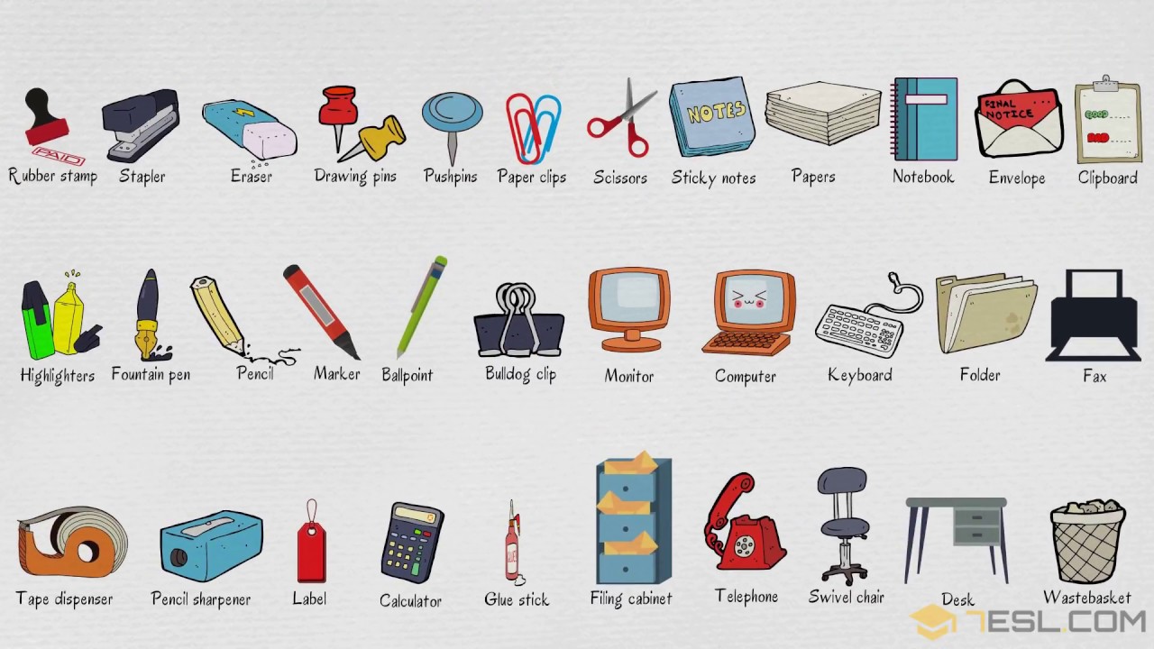 List of Office Supplies in English | Stationery Items Vocabulary Words