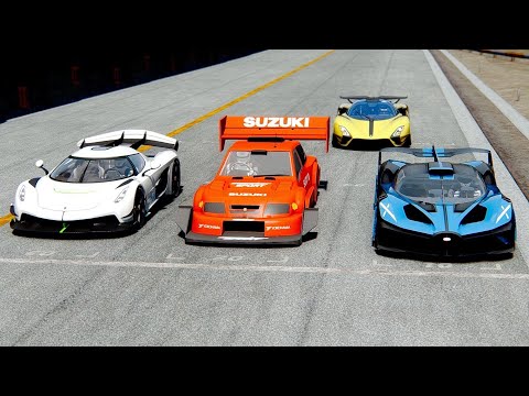 Bugatti Bolide vs Suzuki Escudo Pikes Peak vs Koenigsegg Jeski vs SSC Tuatara Striker at Suzuka