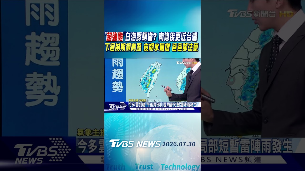 天氣/「超強颱」白海豚轉彎? 南修後更近台灣 下週前期飆高溫 後期水氣增 爸爸節注意｜氣象主播 吳軒彤｜午間氣象｜TVBS新聞20260730 @TVBSNEWS01