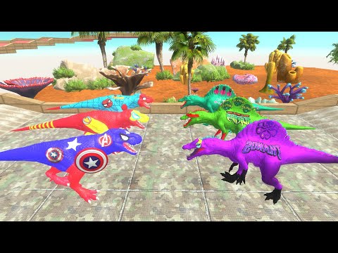 THE AVENGER T REX vs THANOS SPINOSAURUS CASTLE DEATH CLIMB - Animal Revolt Battle Simulator ARBS