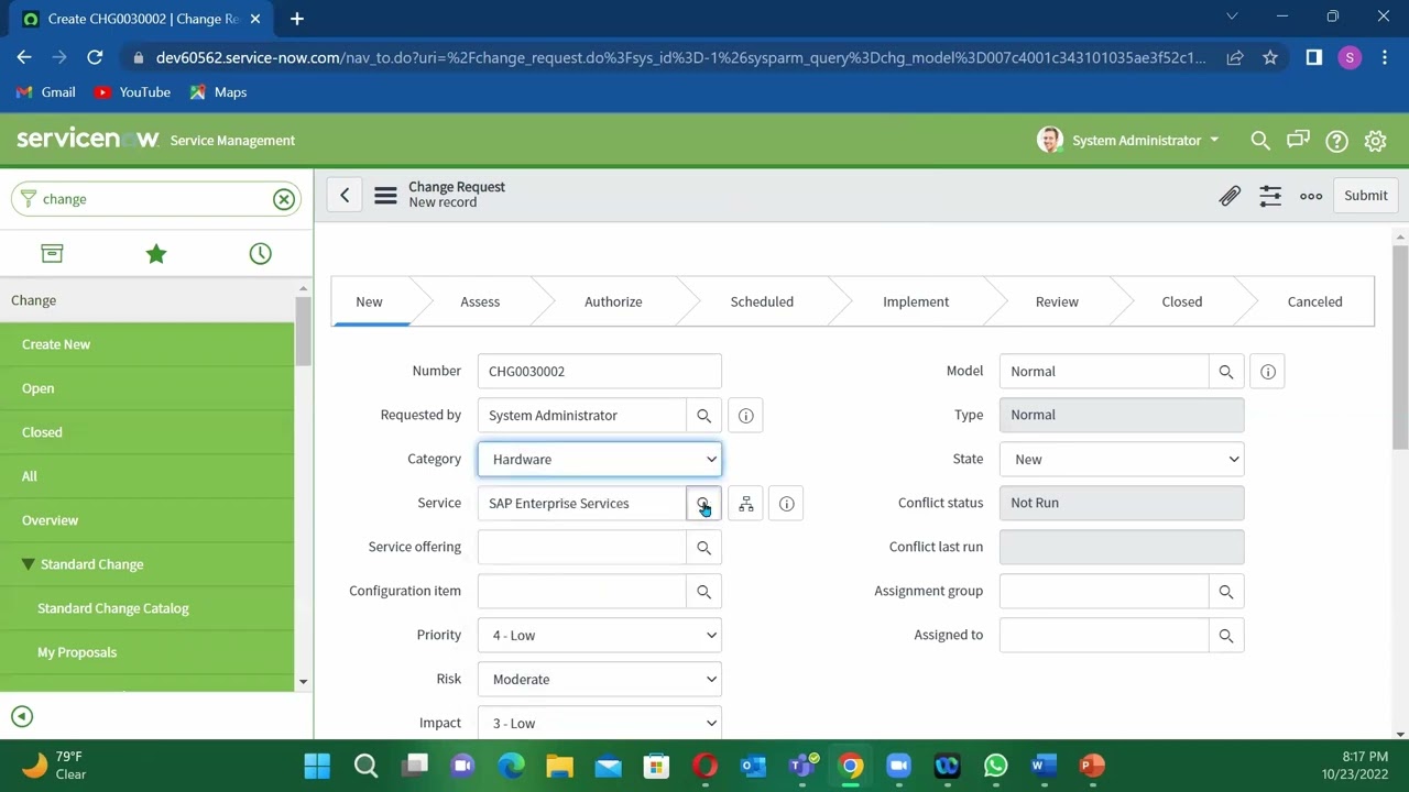 HOW TO CREATE A CHANGE REQUEST USING 2022 VERSION OF SERVICENOW