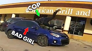 Crazy Lady Steals Car and Sends Cop Flying. Does Not End Well For Her.